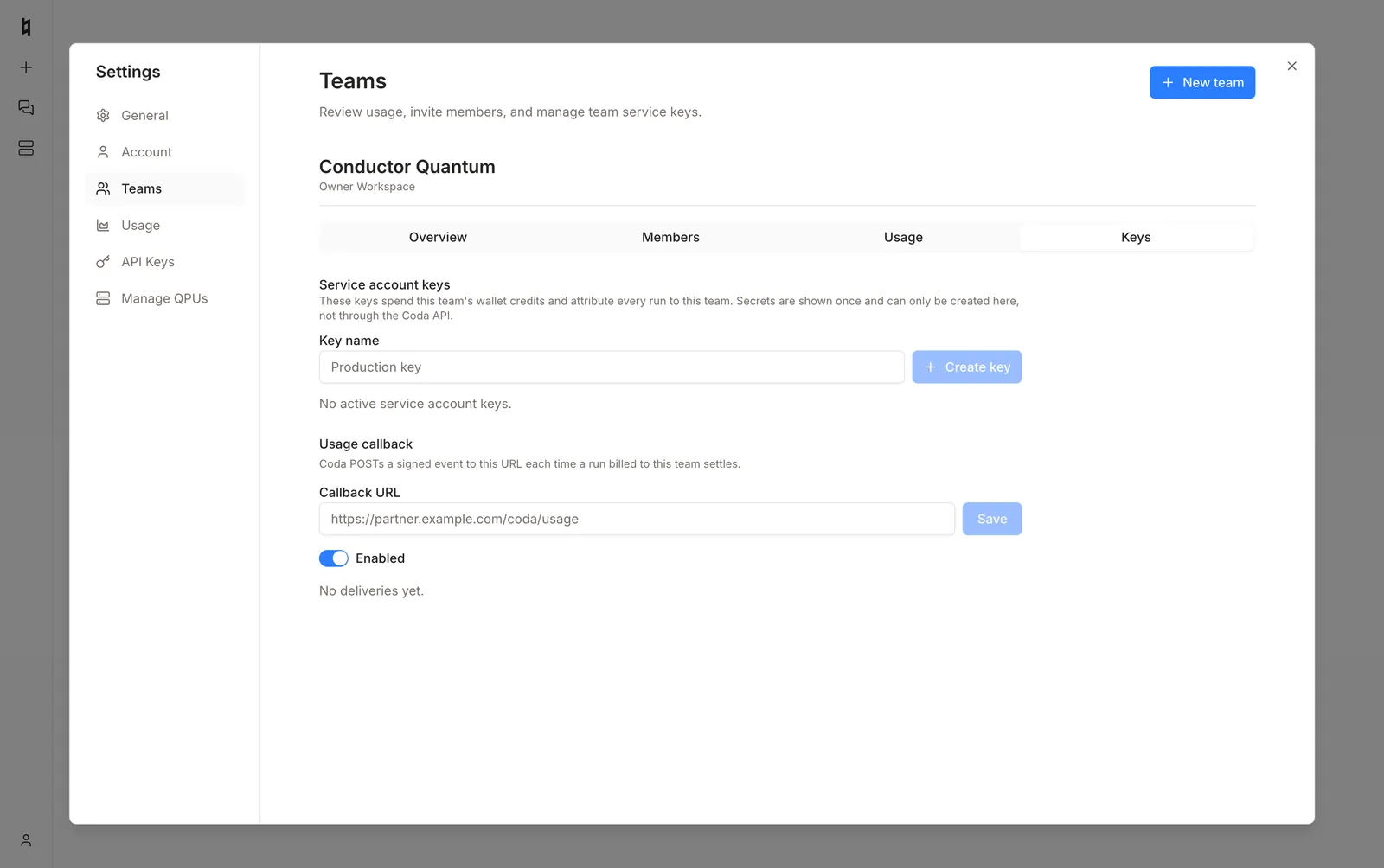 Settings → Teams keys tab with a usage callback URL enabled